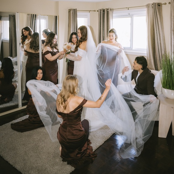 BROWN MAXI DRESS 🤎 Cinderella Divine 7488 Satin Off Shoulder Dress - Picture 3 of 6